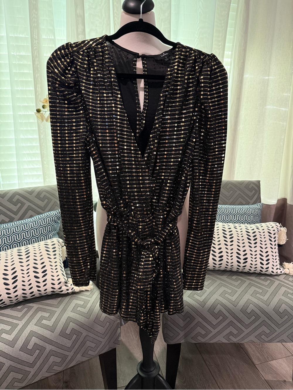 Lulu's Black and Gold Metallic Sequin Romper, Small